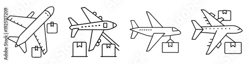 Line art illustration showcasing airplane delivery and global air freight shipments