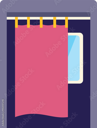 Fitting room with a pink privacy curtain and an interior mirror in a retail setting