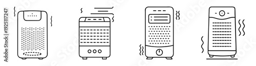 Four outlined vector art illustrations of various air purifier designs emitting air
