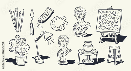 Collection of artistic tools and classical sculptures representing creativity and artistic inspiration in a studio setting