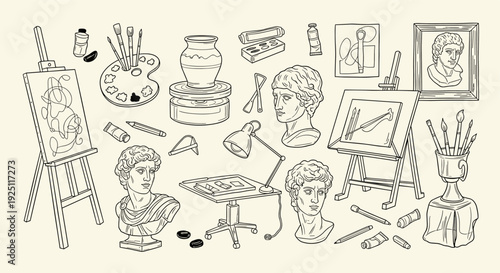 Artistic Studio Scene with Easels Busts and Painting Supplies Hand Drawn Sketch Style
