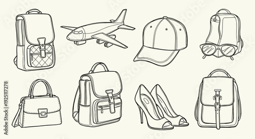 Collection of travel and fashion items including backpacks, airplane, cap, sunglasses, handbag, and high heels on a plain background