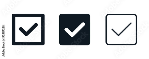 Checkmark Icons, vector illustration of three checkmarks in filled and outline box styles, isolated on white background, perfect for UI elements, apps, websites, forms, surveys, and digital interface 