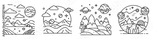 Collection of outlined whimsical minimalist space landscapes with planets and mountains