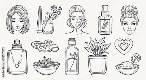 Hand drawn illustration of natural skincare products and beauty elements with botanical accents and facial portraits
