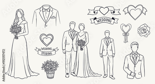 Elegant Hand Drawn Wedding Icons Collection Featuring Bride Groom Couple Suits Flowers Hearts and Ribbons for Design Elements