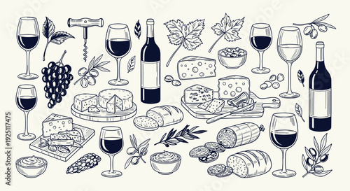 Artistic Sketch of a Wine and Cheese Tasting Spread with Grapes Olives Bread and Charcuterie Perfect for Culinary Delights