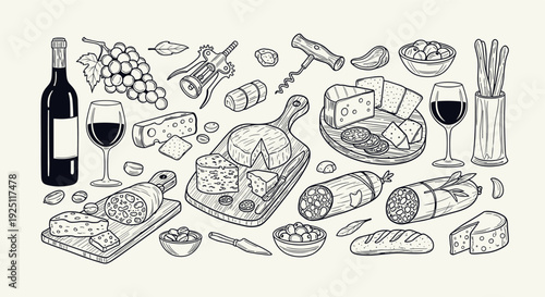 Artistic Sketch of a Gourmet Charcuterie Board with Wine and Assorted Cheeses and Meats