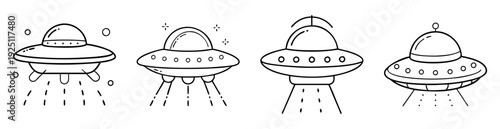 Collection of Cartoon UFOs with Beams in Black and White Outline Style