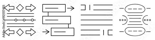 Conceptual schematic representation of information flow and data processing, black and white