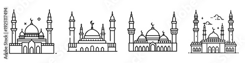 Various minimalist line art drawings of mosques with towers and domes