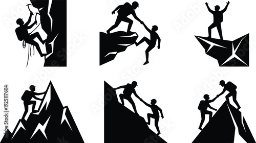 Mountain climbing silhouettes set with hikers helping each other on rocky peaks, teamwork, leadership and success concept, extreme outdoor adventure vector illustration