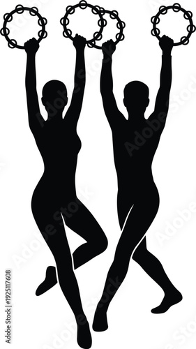 Silhouette of a male and female dancing pair holding tambourines aloft in a dynamic musical performance flat vector illustration design