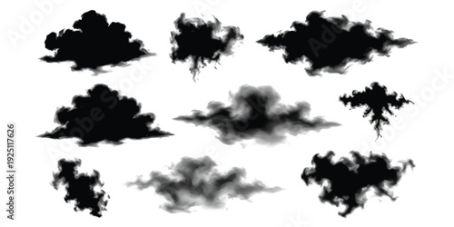 A collection of black cloud and smoke silhouettes for graphic design and artistic projects