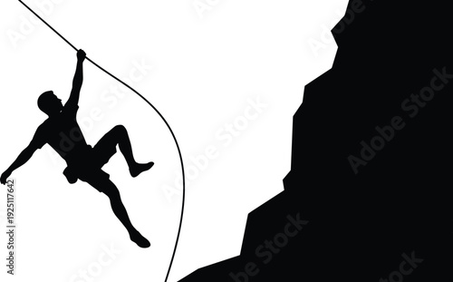Rock climber rappelling down cliff silhouette, male mountaineer descending with rope, extreme outdoor adventure sport and risk challenge concept isolated vector illustration