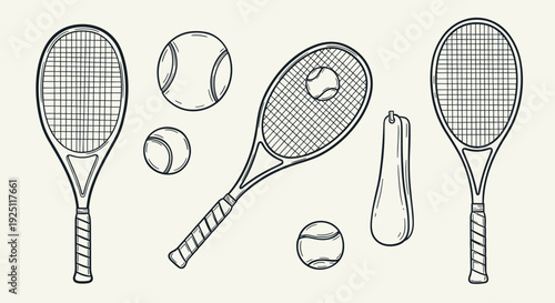 Vintage Tennis Rackets and Balls Hand Drawn Sketch Style Illustration