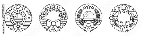 Four Patriotic Wreath Designs with Stars, Stripes, Bows and Leaf Elements