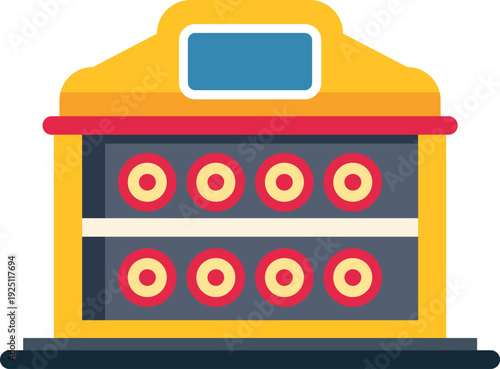 Street food stand displaying rows of donuts, representing snack culture and sweet treats