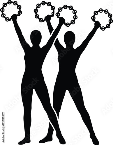 Silhouette of two female dancers holding tambourines in a rhythmic performance pose isolated on white background flat vector illustration design