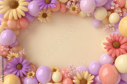 pastel spring balloon and daisy frame with copy space festive background