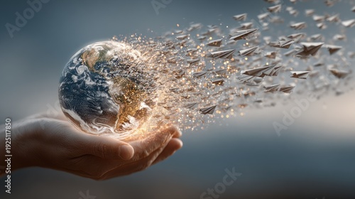 Hand cradles a globe, dissolving into paper airplanes. Conceptual digital art