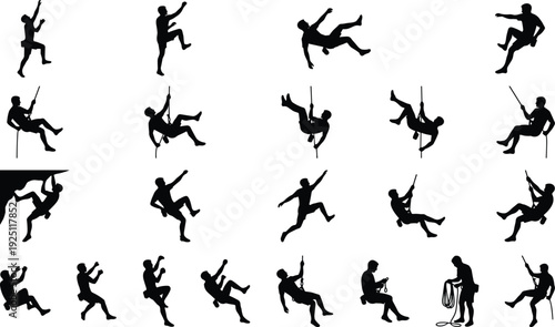 Rock climber silhouette collection, male mountaineer rappelling and climbing with rope, extreme outdoor adventure sport poses isolated vector illustration set on light background