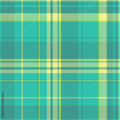 Short check vector textile, checks texture plaid seamless. Fibre pattern fabric background tartan in teal and lime colors.