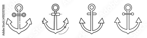 Four Line Art Drawings of Anchors with Slight Design Variations