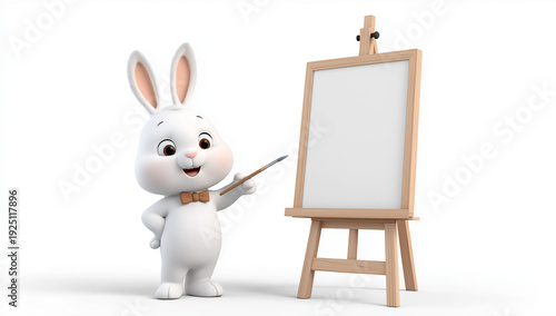 3d render of a happy, cute white bunny character with a bow tie standing next to a blank canvas on an easel and pointing at it, against a solid pastel pink background with soft lighting