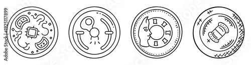 Diverse collection of stylized ancient coins featuring unique artistic elements