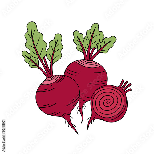 Red beetroots with green leaves and a sliced half showing internal rings. Isolated transparent background ( include cut-out PNG file )