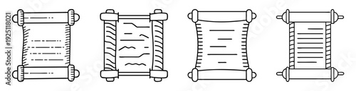 Four Ancient Scrolls Depicting Different Texts with Decorative Borders and Handles