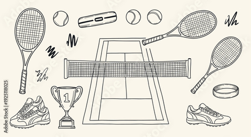 Vintage Tennis Sports Equipment Collection Doodle Art Style Tennis Court Rackets Balls Trophy Shoes and Net