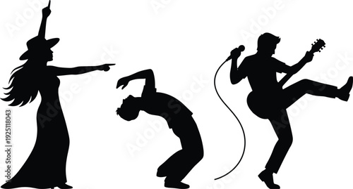 Silhouettes of a singer and guitar player performing on stage with a woman dancing in a flat vector illustration style