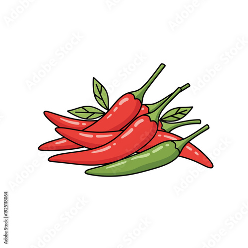Red and green chili peppers with small leaves Isolated transparent background ( include cut-out PNG file )