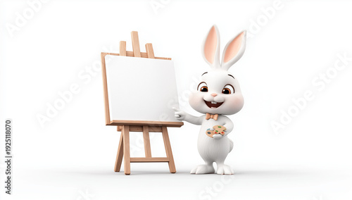 3d render of a happy, cute white bunny character with a bow tie standing next to a blank canvas on an easel and pointing at it, against a solid pastel pink background with soft lighting