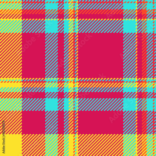 Vibrant plaid pattern in bold pink, turquoise, and yellow. This energetic checkered design offers a modern twist on classic tartan, perfect for textile backdrops and summery fashion.