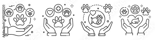 Hands holding paws and animal icons representing animal welfare and care
