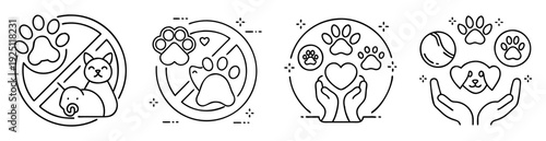 Black and white line art set of illustrations related to pets