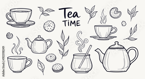 Hand Drawn Sketch Collection of Tea Time Elements Including Teapots Cups and Biscuits Perfect for Cafes and Beverage Promotions