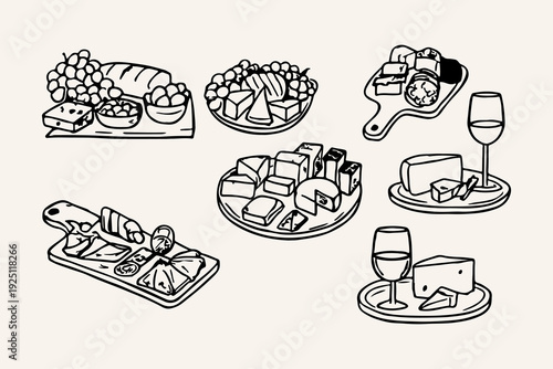Hand Drawn Charcuterie Board with Cheese and Wine Line Art Vector Set
