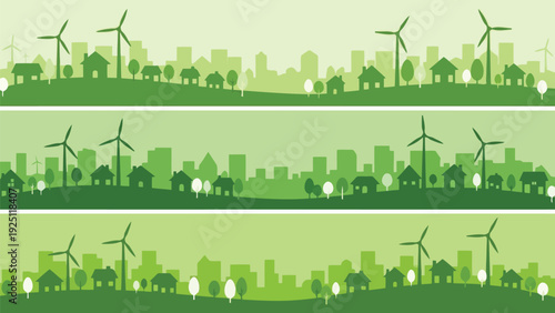 Two parallel rows of green grass with small wind turbines in the background