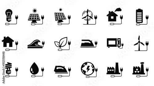 Collection of icons representing various household items and renewable energy sources