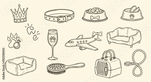 Whimsical Hand Drawn Collection of Pet Luxury Items and Travel Accessories for Pampered Pups and Feline Friends
