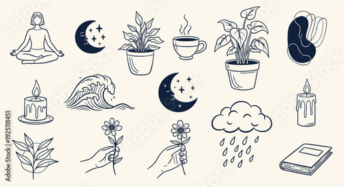 Collection of minimalist line art illustrations representing wellness self care and nature elements like plants moon candles and waves