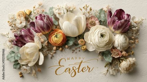 elegant easter floral arrangement with tulips ranunculus and roses on white background