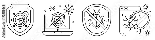 Monochromatic line art showing symbols of cybersecurity and antivirus protection
