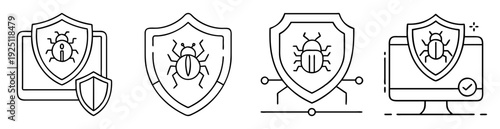 Outlined icons representing computer security, including bug shield and safe computer