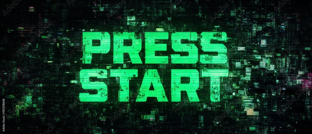 Fototapeta premium Press Start message with digital glitch effects and green pixel background