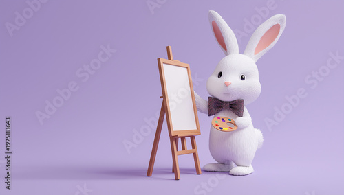 3d render of a happy, cute white bunny character with a bow tie standing next to a blank canvas on an easel and pointing at it, against a solid pastel pink background with soft lighting